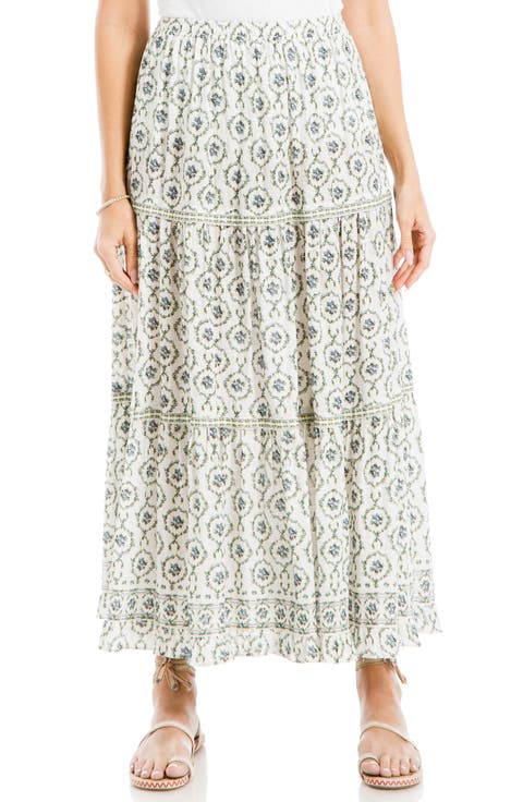 Floral Wreath Print Tiered Cotton Blend Maxi Skirt