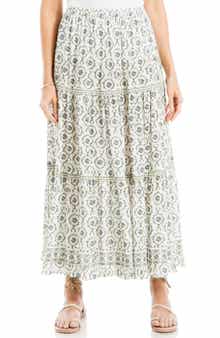 Floral Wreath Print Tiered Cotton Blend Maxi Skirt