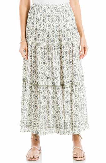 Floral Wreath Print Tiered Cotton Blend Maxi Skirt