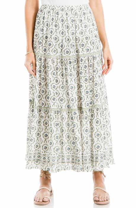 Floral Wreath Print Tiered Cotton Blend Maxi Skirt