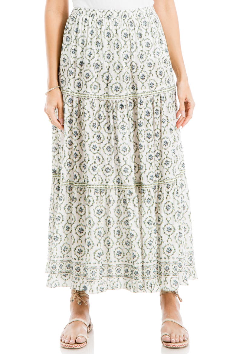 Floral Wreath Print Tiered Cotton Blend Maxi Skirt video