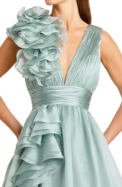 MAC DUGGAL MAC DUGGAL RUFFLE SHOULDER V-NECK CHIFFON BALLGOWN