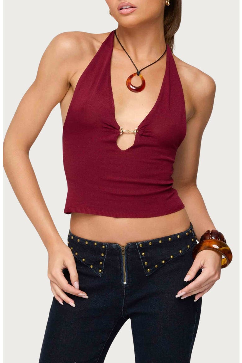 Missie Plunge Knit Halter Top, Main, color, BURGUNDY