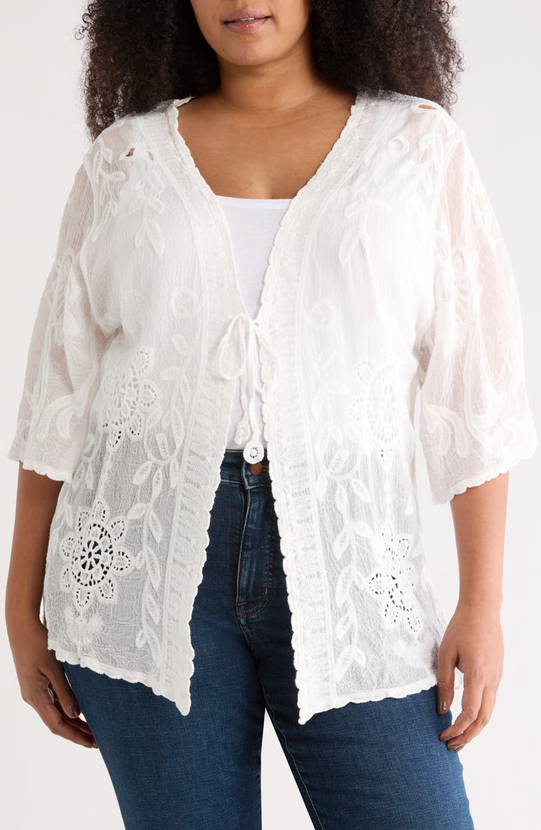 Forgotten Grace Floral Embroidered Tie Front Cardigan, Main, color, White