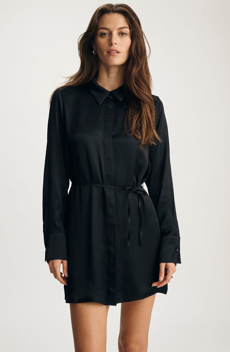 Mavi Jeans Tie Waist Long Sleeve Satin Shirtdress, Main, color, Black