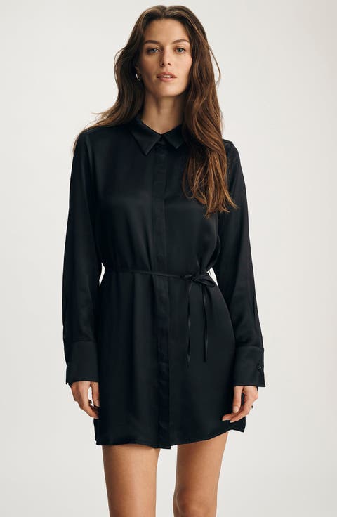 Tie Waist Long Sleeve Satin Shirtdress