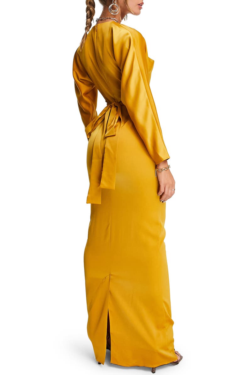 ASOS DESIGN Twist Front Long Sleeve Stretch Satin Gown, Alternate, color,