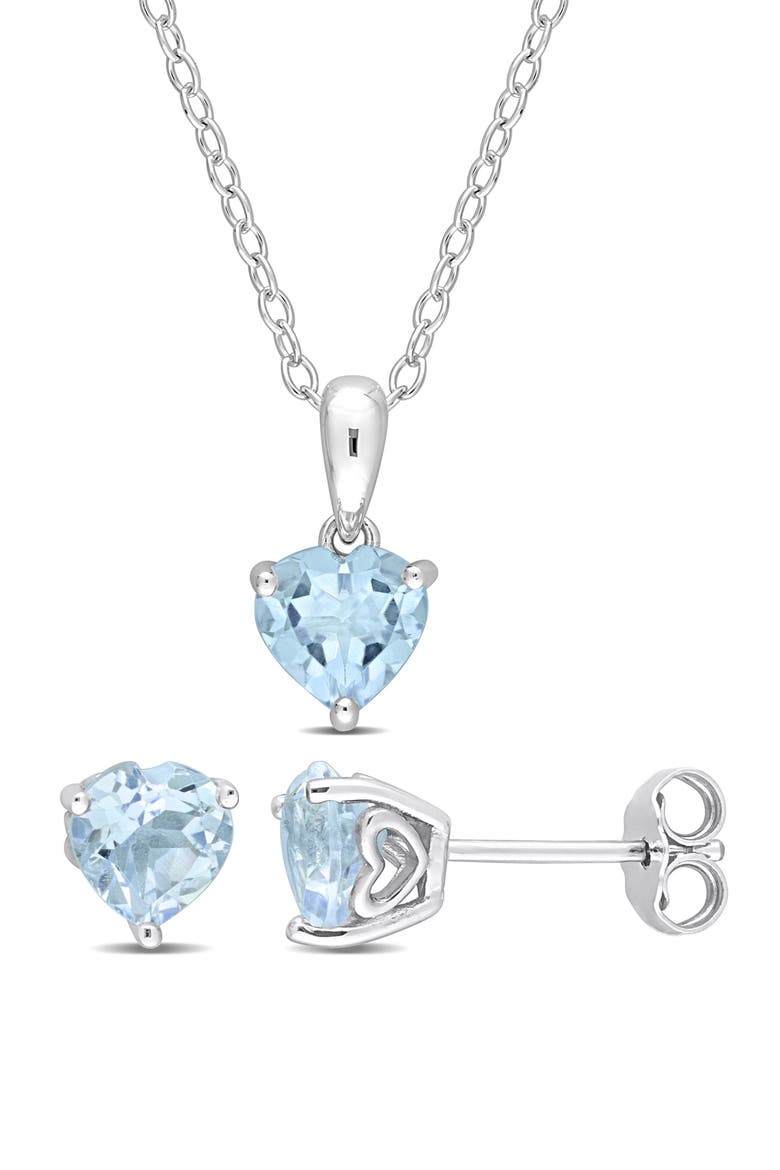 Sky Blue Topaz Heart Stud Earrings & Pendant Necklace Set, Main, color, BLUE