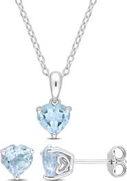 DELMAR Sky Blue Topaz Heart Stud Earrings & Pendant Necklace Set