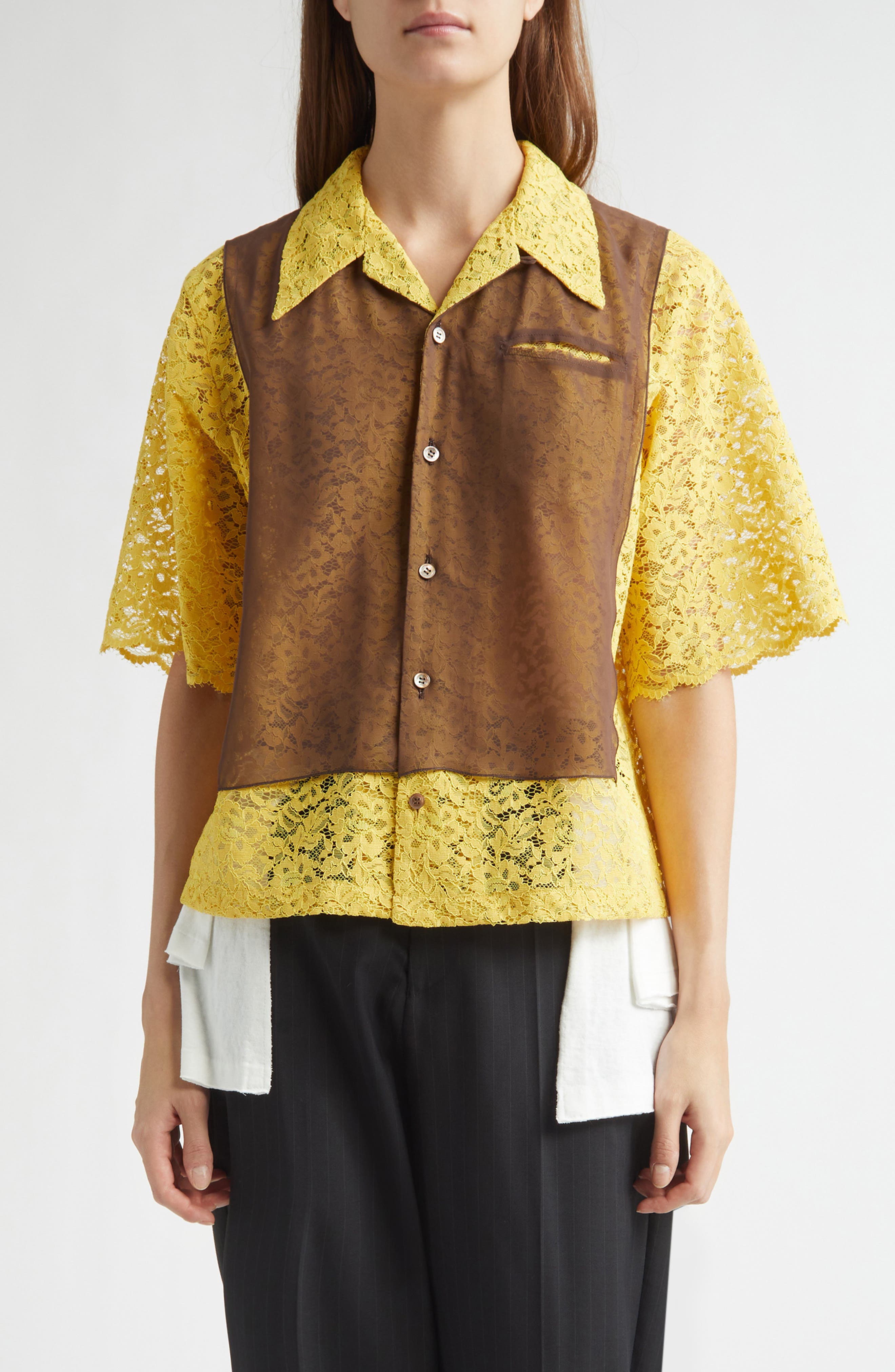 Mixed Media Lace & Chiffon Camp Shirt