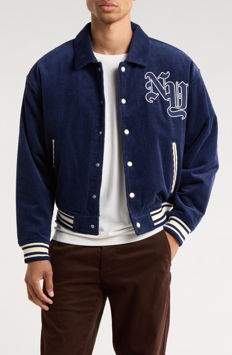 PacSun NY Corduroy Varsity Jacket, Main, color, Navy