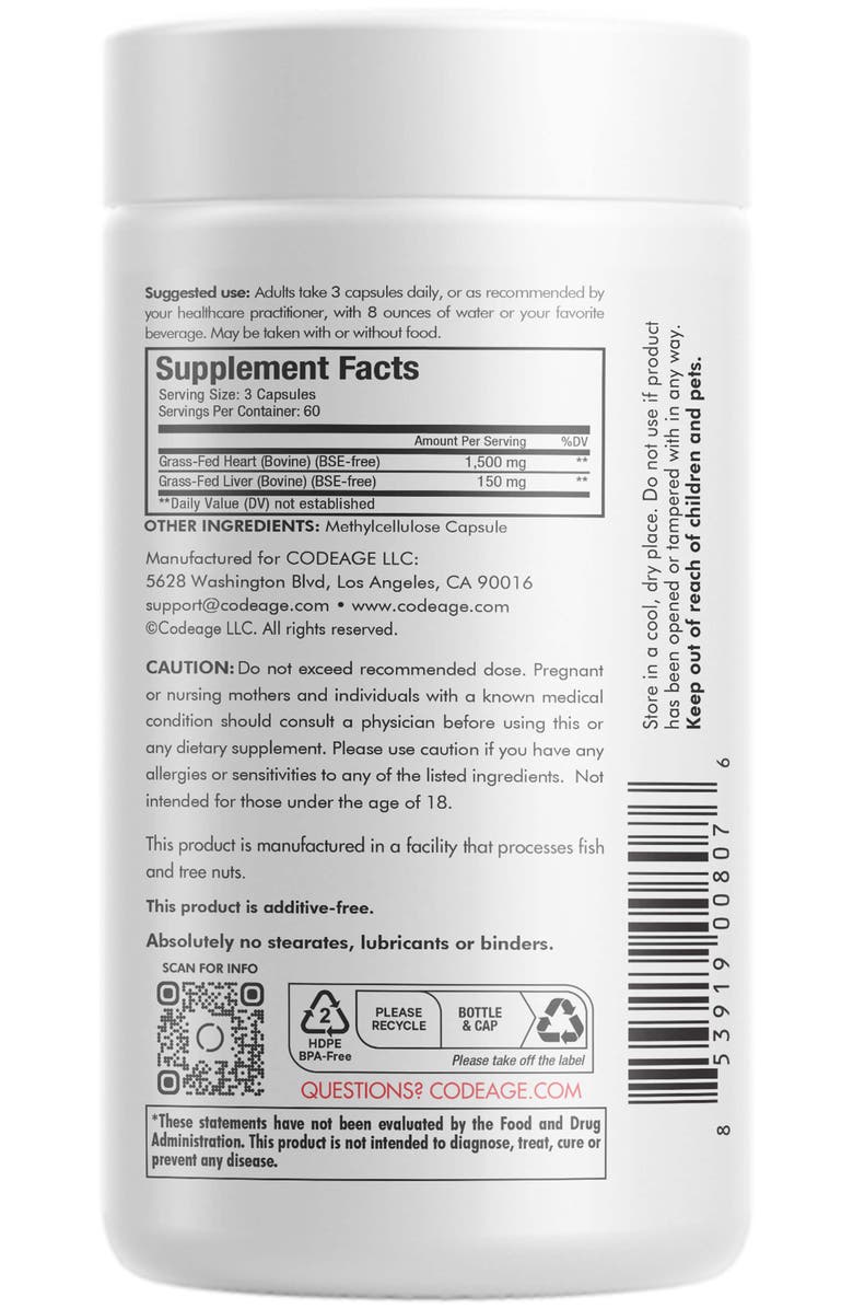 Codeage Grass-Fed Beef Heart Glandular Supplement, Alternate, color, White