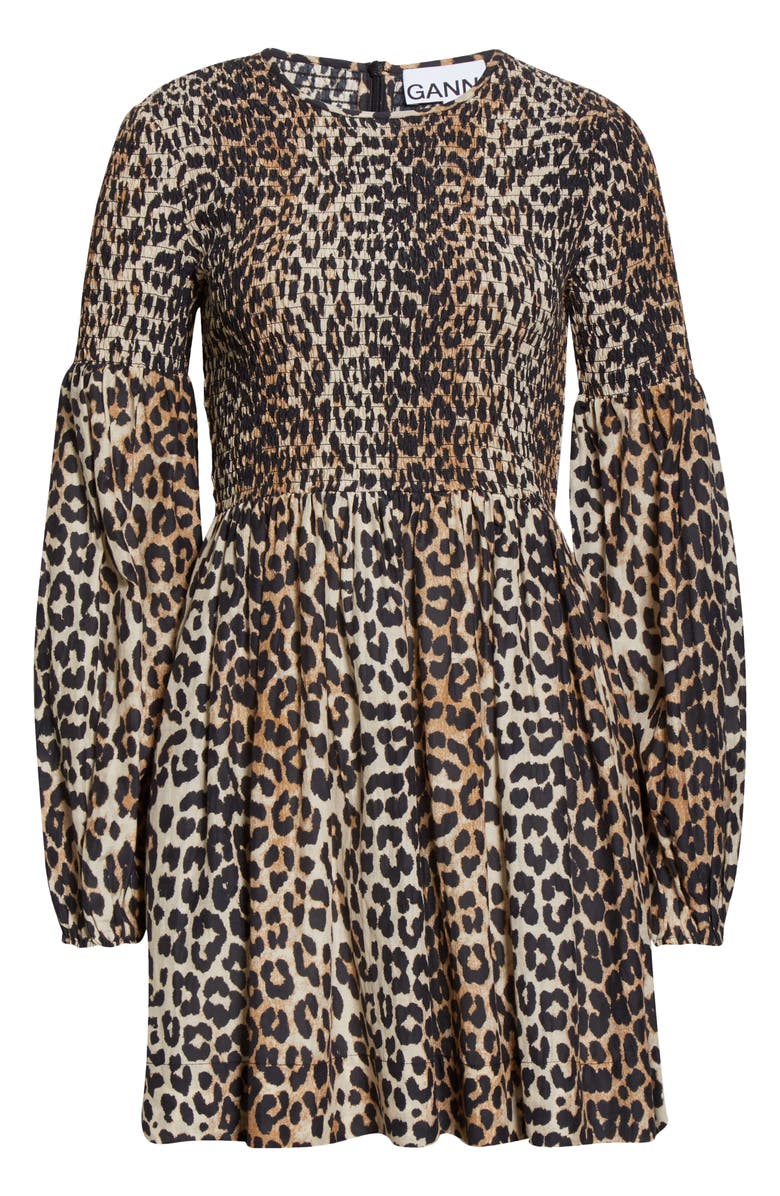 Ganni Leopard Print Long Sleeve Smocked Minidress, Alternate, color,
