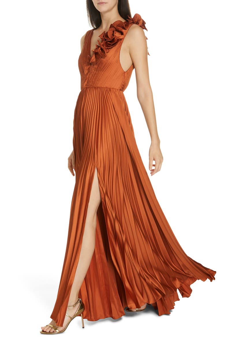 Aviva Pleated Satin Maxi Dress, Alternate, color, COPPER