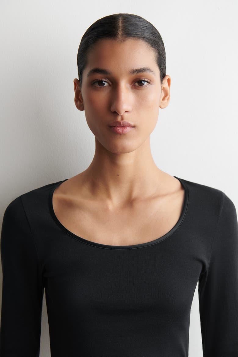 Satin-Trimmed Cotton Jersey Long-Sleeved Top, Alternate, color, BLACK
