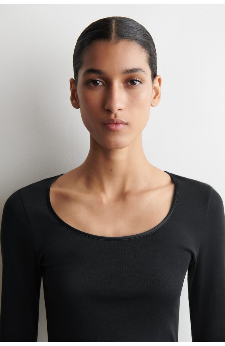 COS Satin-Trimmed Cotton Jersey Long-Sleeved Top, Alternate, color, Black