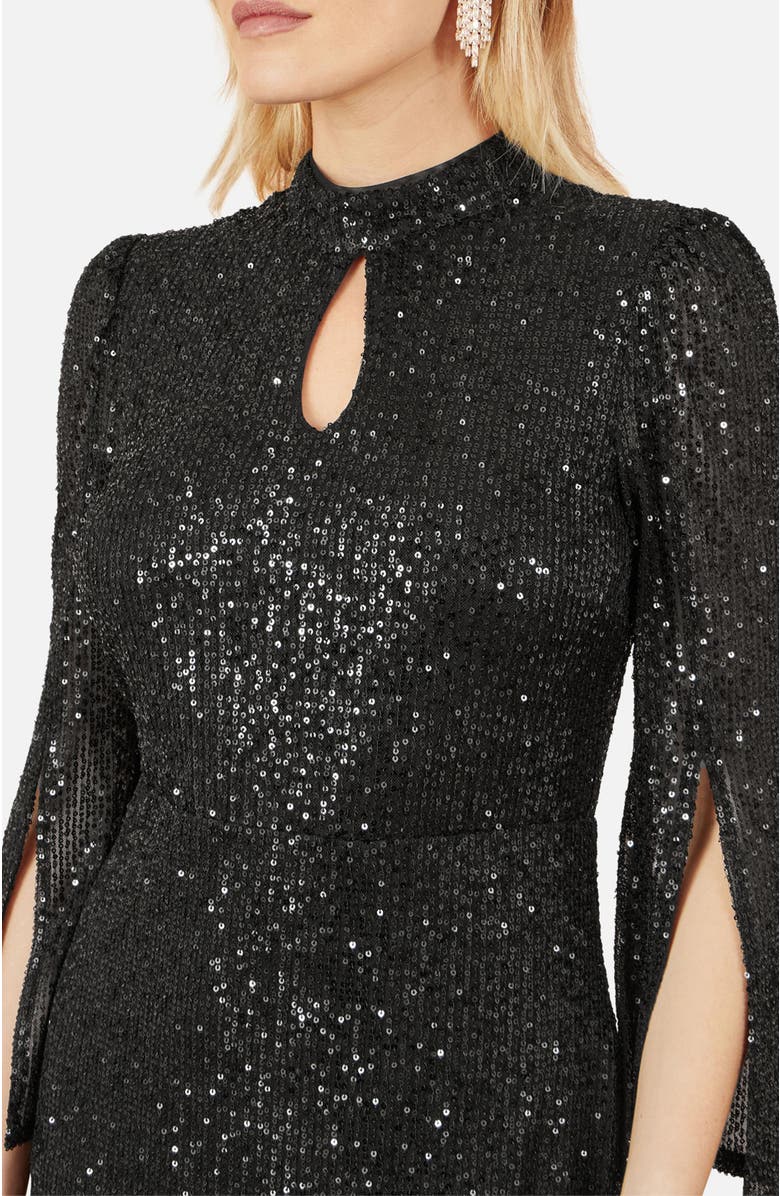 Yumi Sequin Fitted Midi Dress, Alternate, color, Black