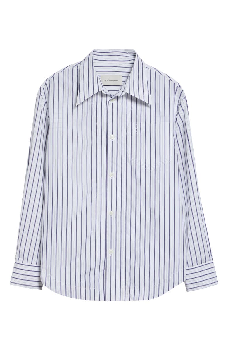 AMI PARIS Stripe Cotton Poplin Button-Up Shirt, Alternate, color, Blanc/ Encre