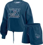 WEAR by Erin Andrews Women's WEAR by Erin Andrews Navy Tennessee Titans Washed Fleece Long Sleeve T-Shirt & Shorts Lounge Set