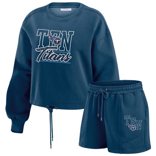 Wear By Erin Andrews Navy Tennessee Titans Washed Fleece Long Sleeve T-shirt & Shorts Lounge Set In Blue