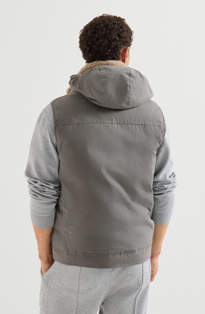 Brunello Cucinelli Waxed techno cotton down vest with detachable hood, Alternate, color, Grey