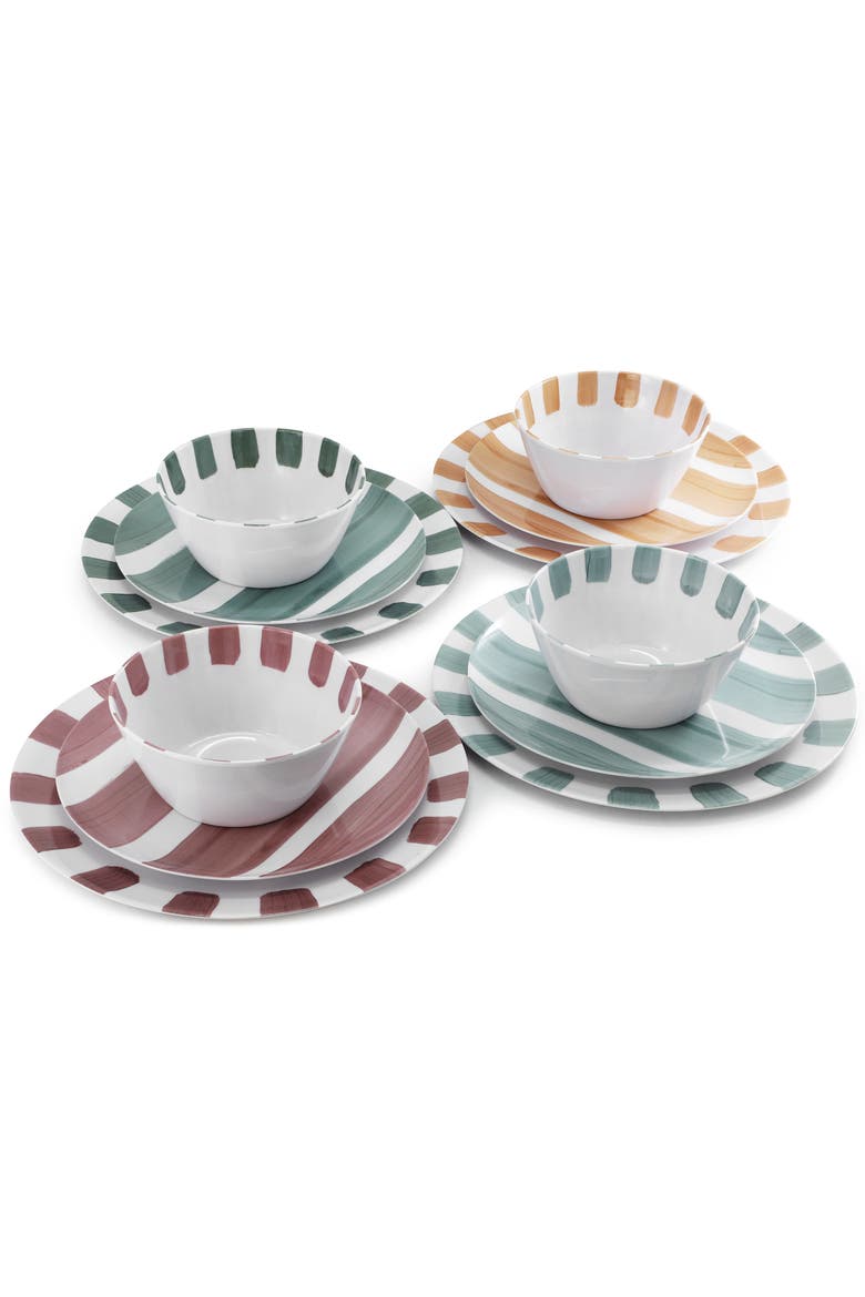 Cottage Stripes 12 Piece Melamine Dinnerware Set, Alternate, color, White