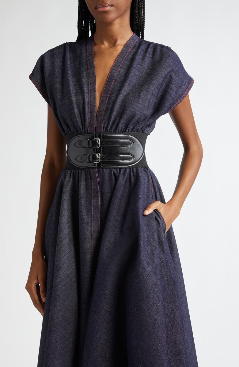 Alaïa Belted Denim Dress, Alternate, color, 