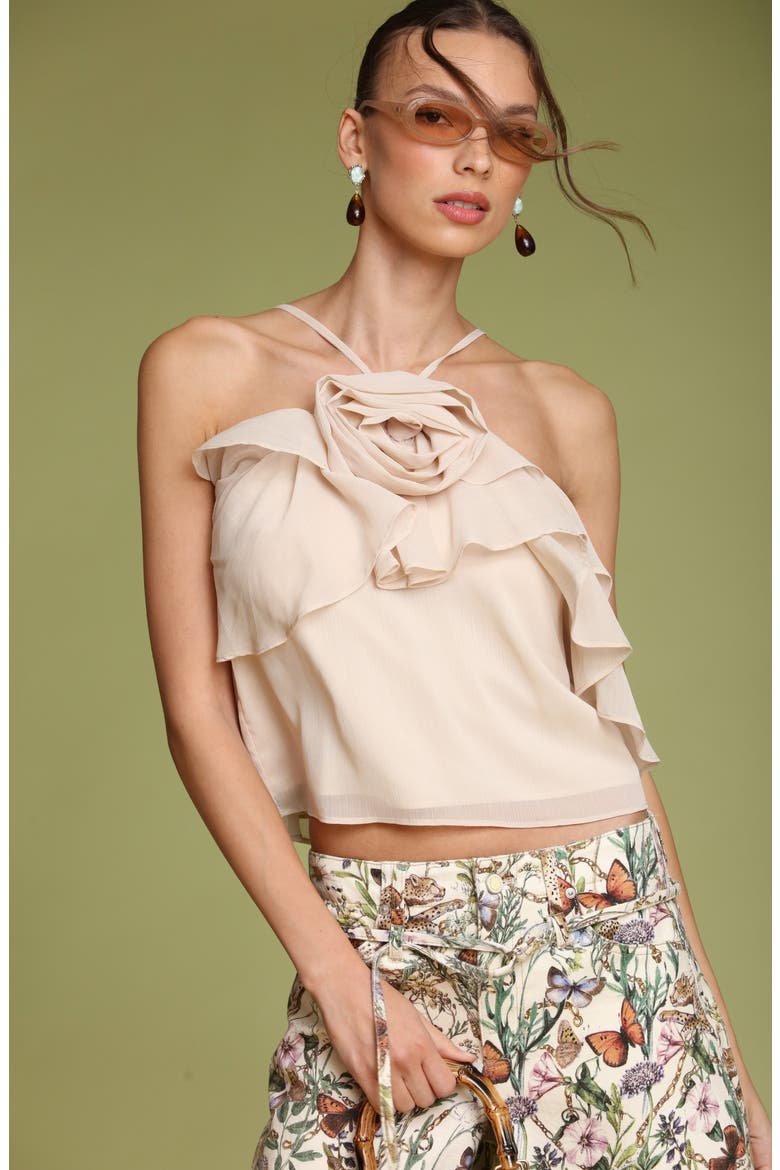 Rosette Ruffle Neck Halter Top, Alternate, color, BUTTERCREAM