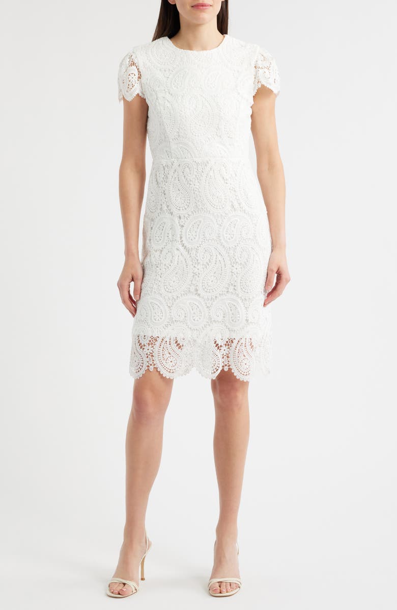 Tahari ASL Paisley Lace Cap Sleeve Sheath Dress, Main, color, White