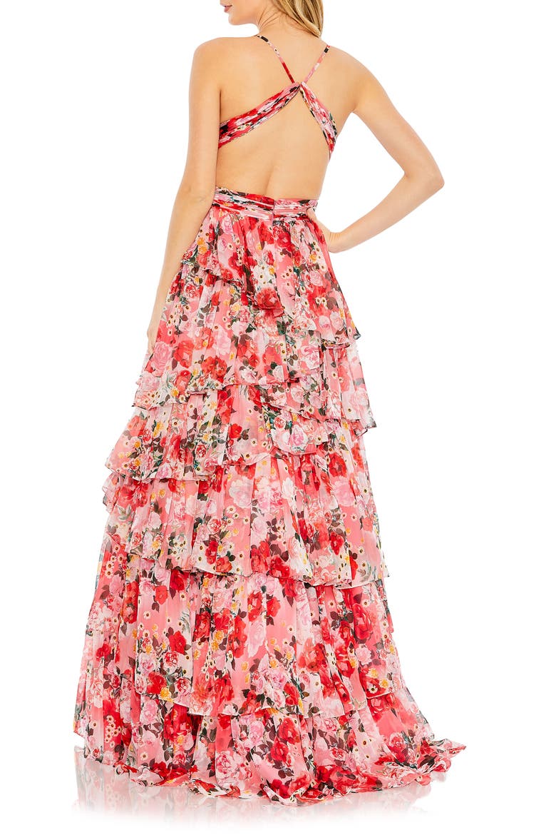 Floral Printed Chiffon Ruffle Tiered Cut Out Ballgown, Alternate, color, PINK MULTI