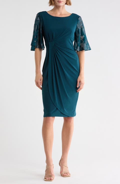 Burnout Sleeve Faux Wrap Dress