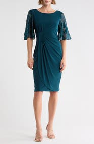 Connected Apparel Burnout Sleeve Faux Wrap Dress
