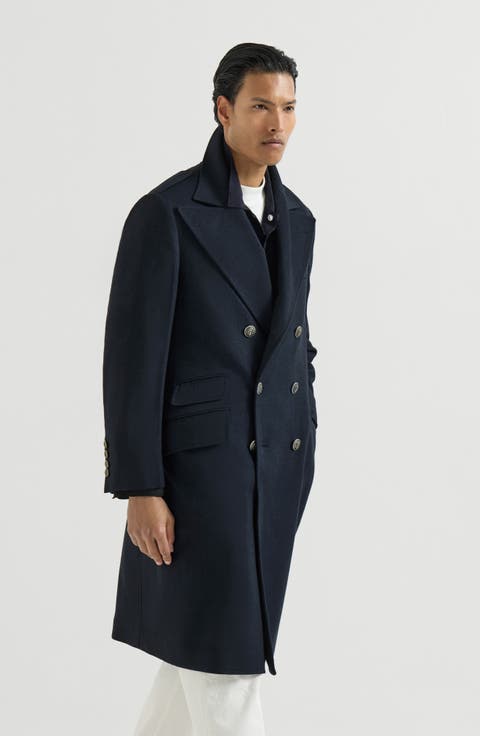 Cashmere chevron flannel one-and-a half breasted coat with peak lapels and metal buttons