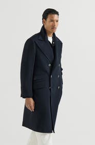 Brunello Cucinelli Cashmere chevron flannel one-and-a half breasted coat with peak lapels and metal buttons