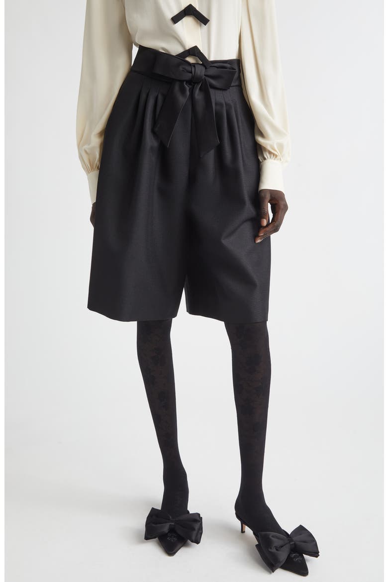 Bow Waist Wool & Mohair Bermuda Shorts, Main, color, BLACK