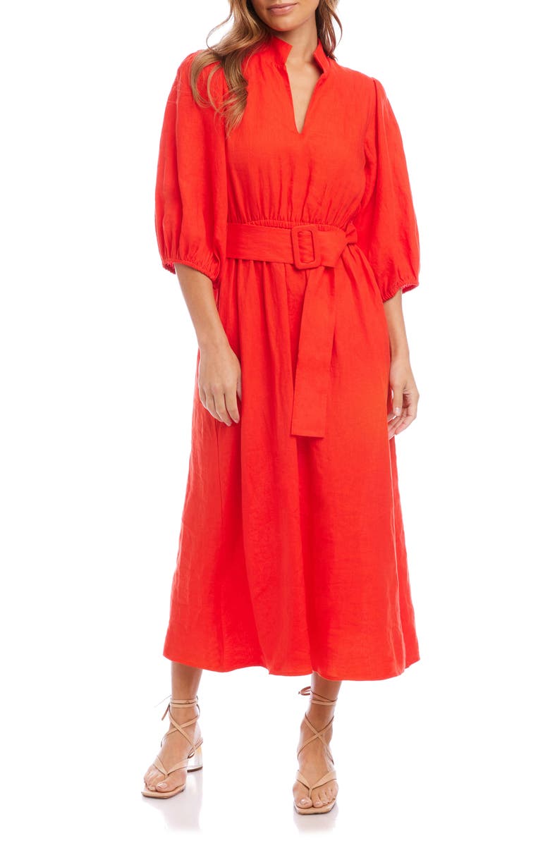 FIFTEEN TWENTY Belted Split Neck Linen Maxi Dress, Main, color, 