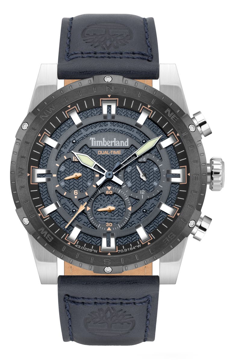 Timberland Fitzwilliam Multifunction Leather Strap Watch, 46mm, Main, color, Blue Dark