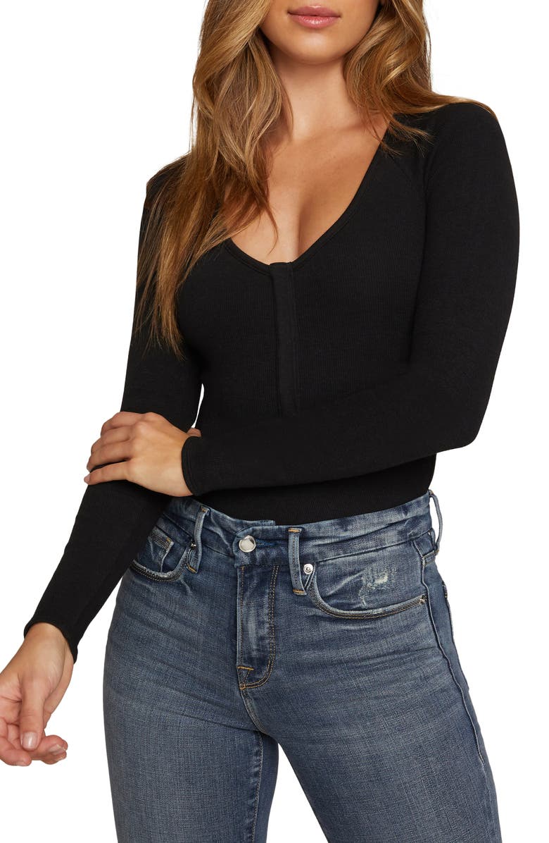 Good American Good Body Snap Henley Bodysuit, Main, color, 