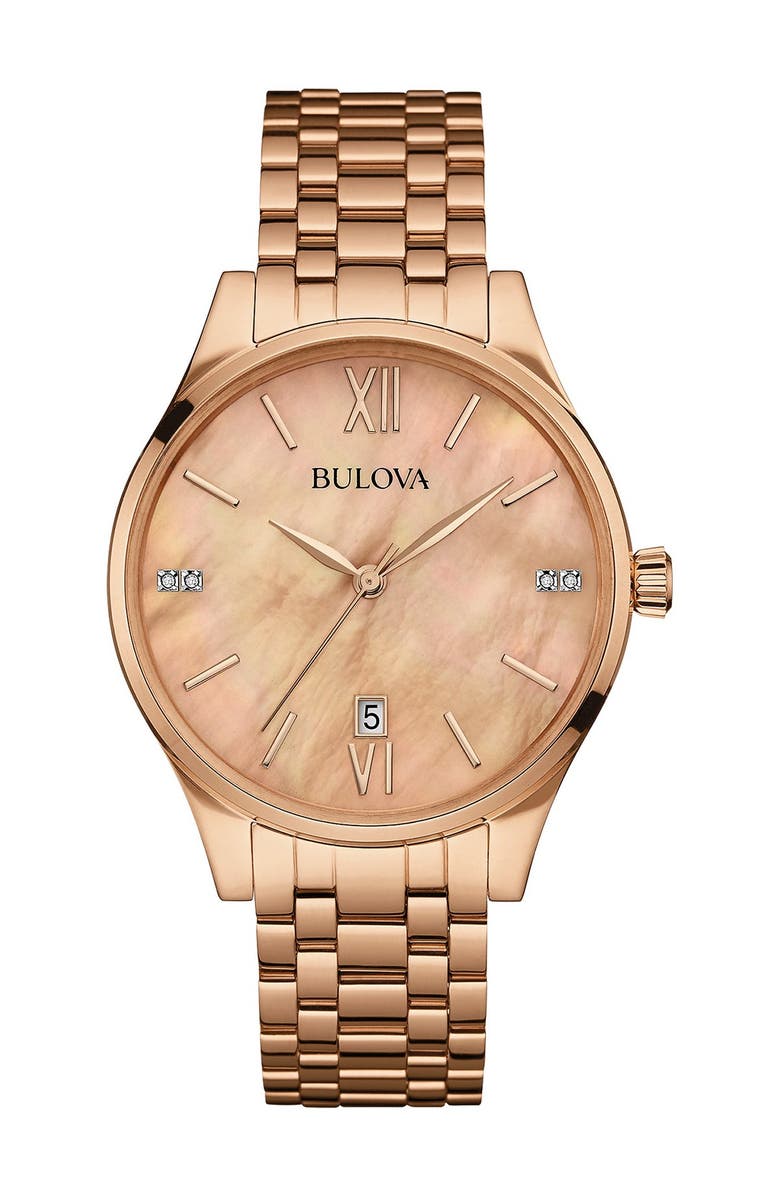 BULOVA Women's Rose Gold Diamond Accent Bracelet Watch, 36mm, Main, color, 