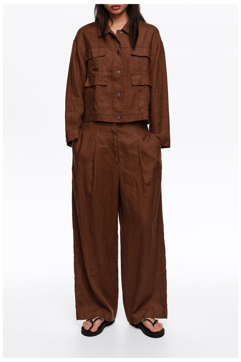 Linen Darted Straight-Fit Trousers, Main, color, WASHED BROWN
