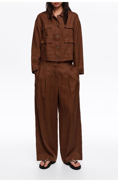 Linen Darted Straight-Fit Trousers