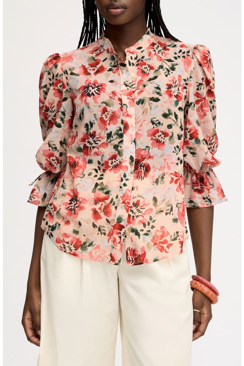 Floral Print Puff Sleeve Shirt, Main, color, ALMOND WATERCOLOR FLORAL