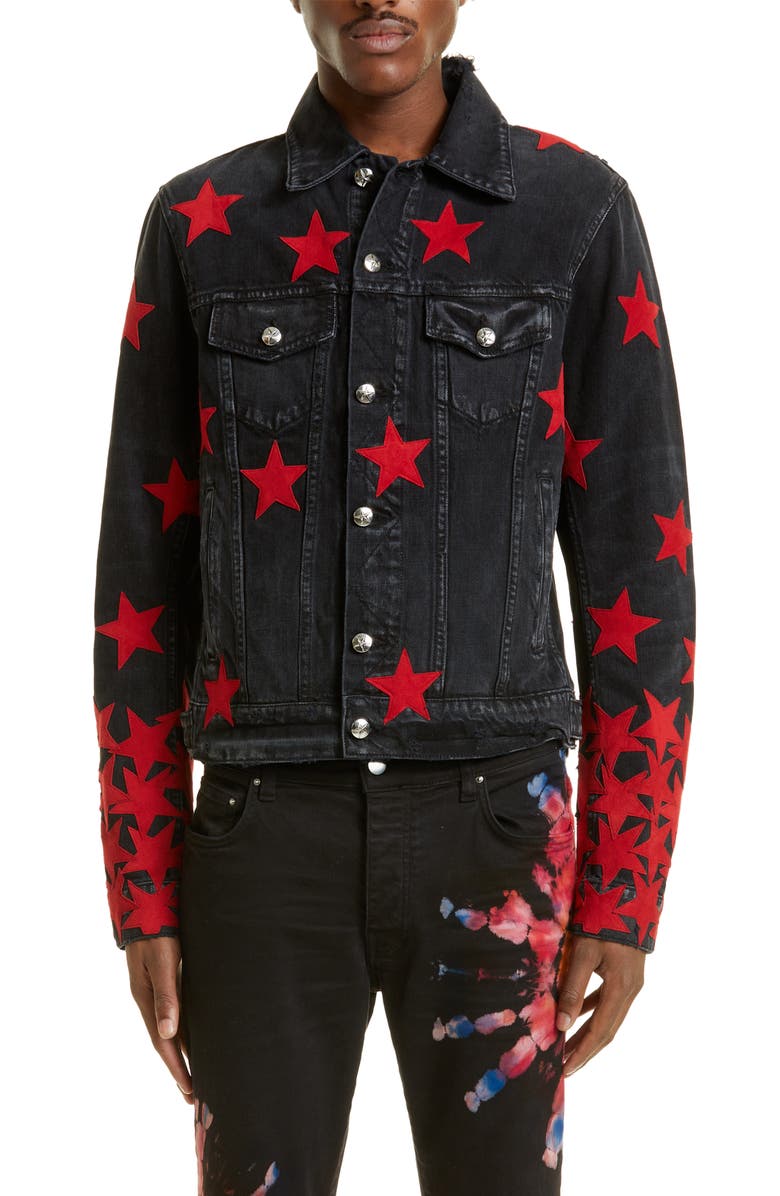 AMIRI Chemist Suede Stars Denim Jacket, Main, color, 