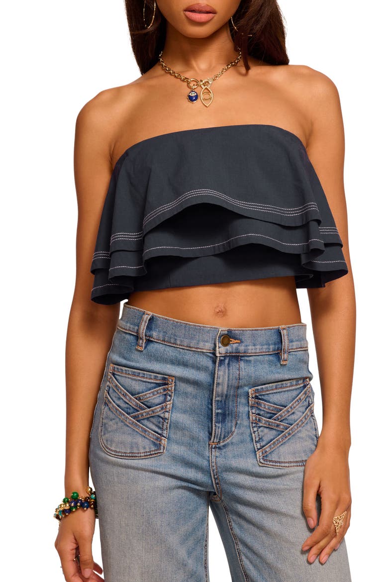 Poppy Ruffle Strapless Crop Top, Main, color, NAVY