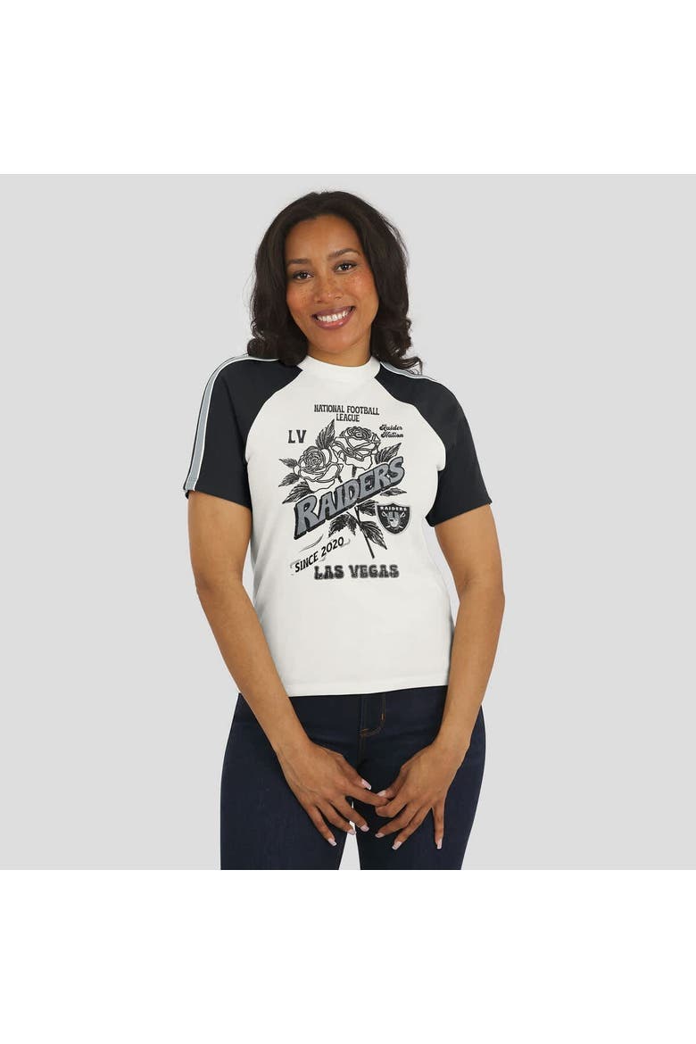 Women's WEAR by Erin Andrews White Las Vegas Raiders Sleeve Stripe Distressed Raglan T-Shirt, Alternate, color, White
