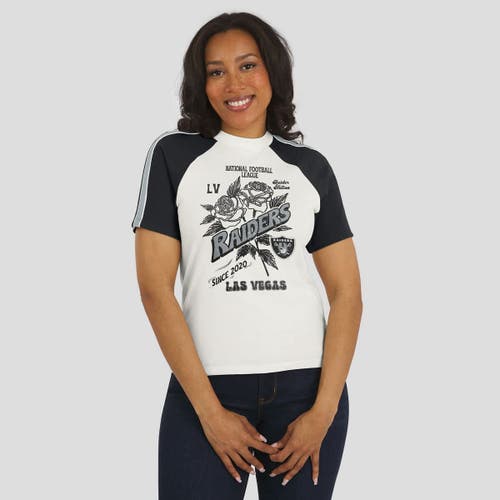 Wear By Erin Andrews White Las Vegas Raiders Sleeve Stripe Distressed Raglan T-shirt In White
