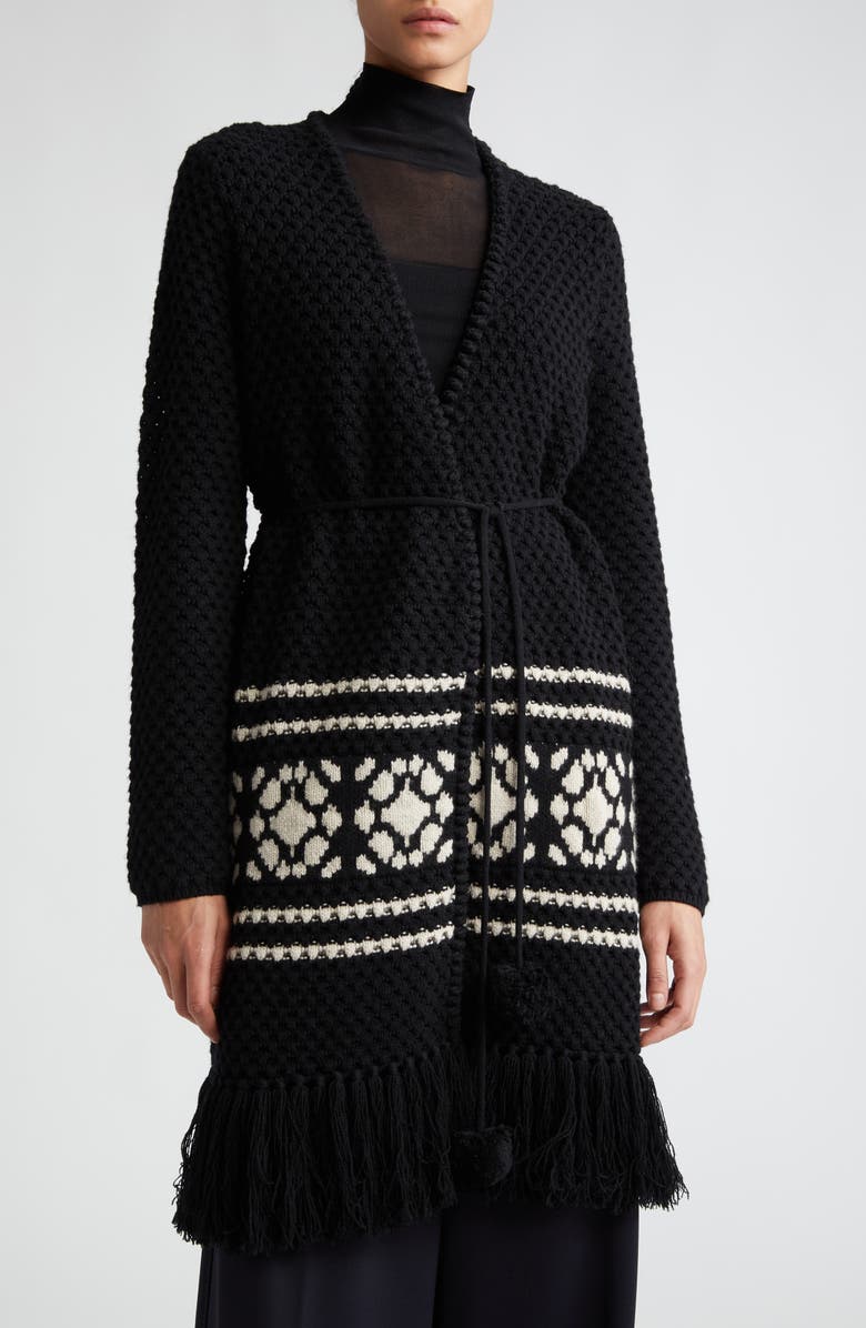 Max Mara Orione Longline Tie Waist Fringe Trim Wool & Cashmere Cardigan, Alternate, color, Black