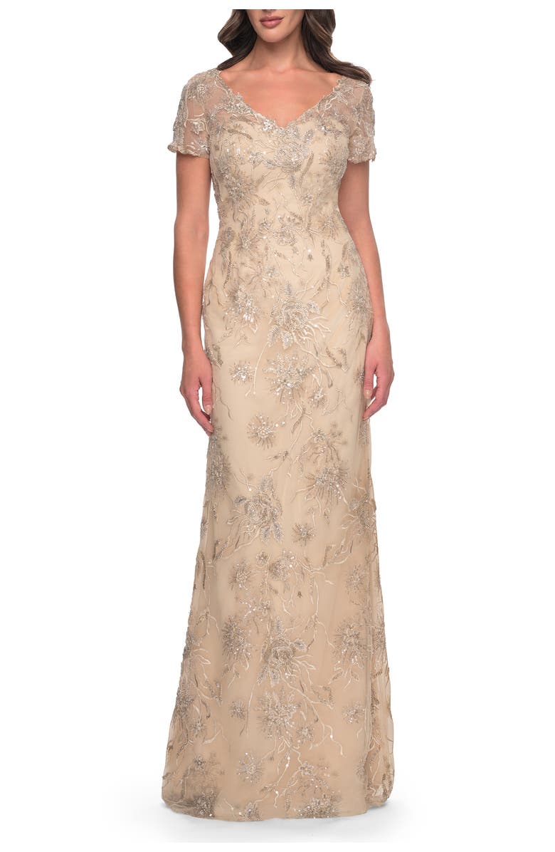 La Femme Gorgeous Beaded Long Gown with Short Sleeves and V Neck, Main, color, Light Gold