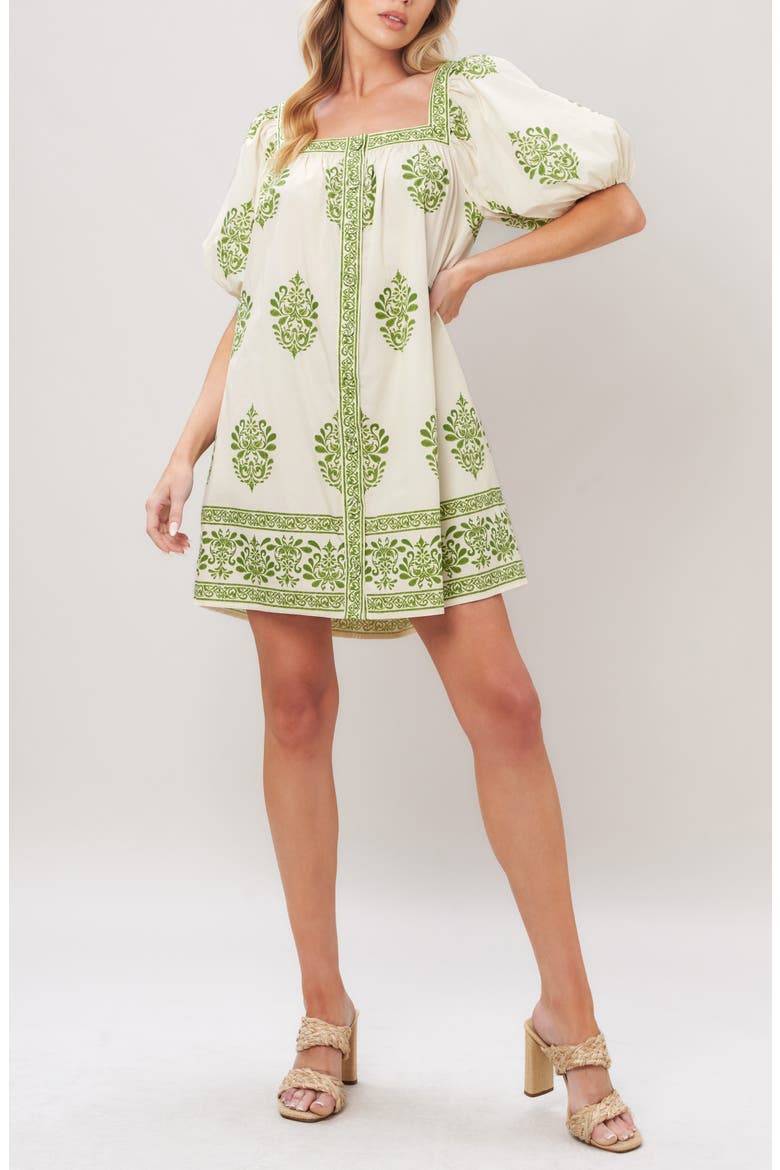 Puff Sleeve Button Front Cotton Minidress, Alternate, color, IVORY GREEN