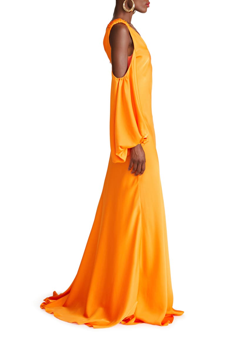 Binnie Cold Shoulder Long Sleeve Satin Gown, Alternate, color, TANGERINE
